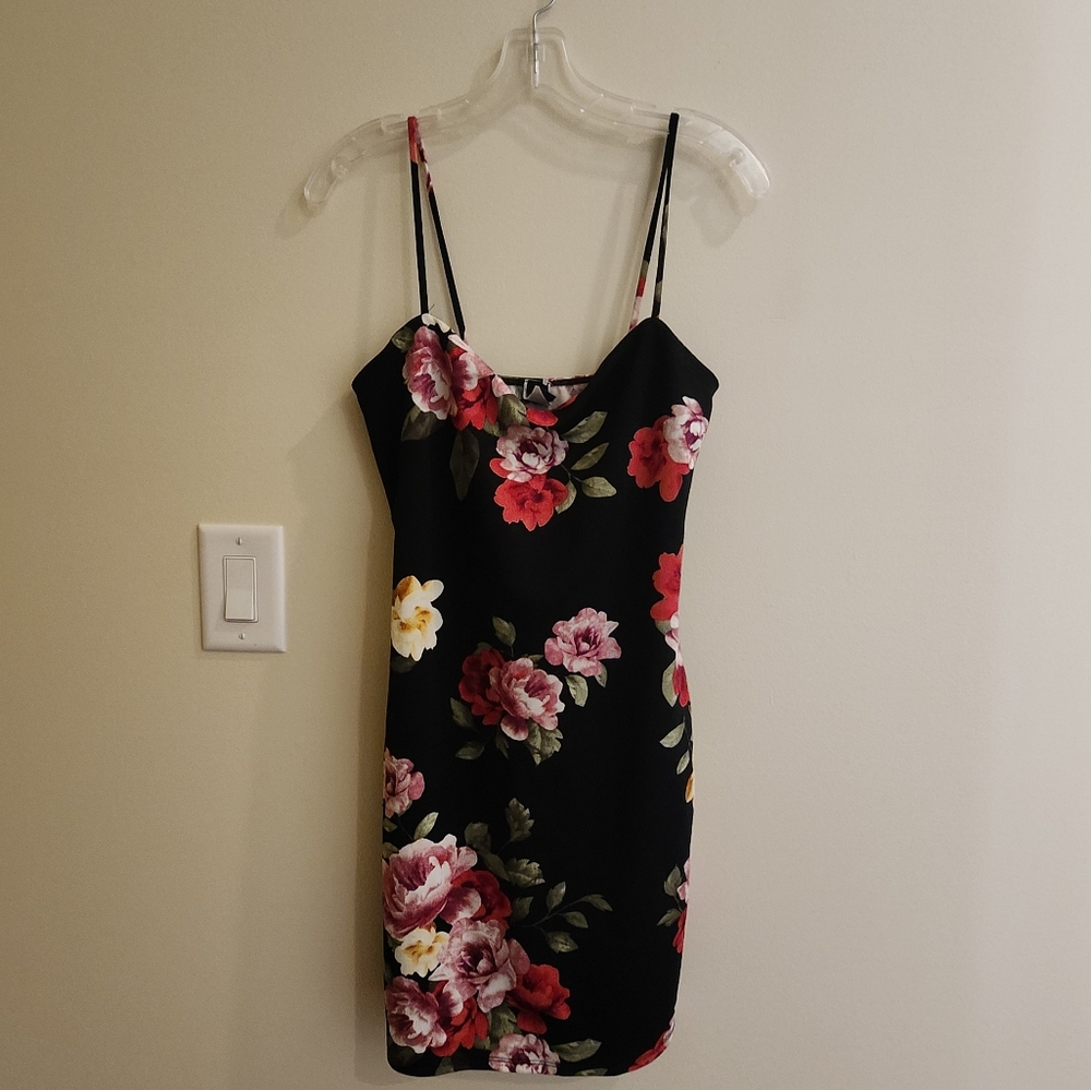 Short Spaghetti Strap Black Floral Dress